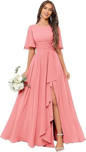 JIIL Brautjungfernkleid Dunkelblau Damen Elegante Brautjungfernkleid Chiffon Plissiert Hohe Taille Schlitz Lang Ärmel Formelles Abendkleid Koralle 48 von JIIL