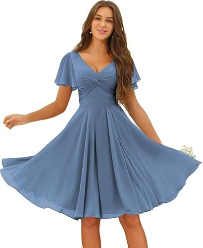 JIIL Brautjungfernkleid Lang Mintgrün Damen Chiffon Knielang Brautjungfernkleider V-Ausschnitt Formal Hochzeit A-Linie Abendkleid Mit Taschen Bermuda 38 von JIIL