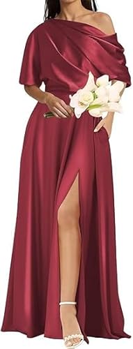JIIL Brautjungfernkleider,Damen Eine Schulter Brautjungfernkleider Satin Formelle Abendkleider Mit Schlitz Mutter Ballkleider Abschlussball Party Kleid Leichte Burgunder A 46 von JIIL