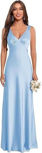 JIIL Brautjungfernkleider,Damen Off Shoulder Satin Brautjungfernkleider V-Ausschnitt Spaghettiträger A-Linie Lang Hochzeit Ballkleider Elegant Abendkleid Himmelblau B 42 von JIIL