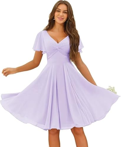 JIIL Brautjungfernkleider Blau Damen Chiffon Knielang Brautjungfernkleider V-Ausschnitt Formal Hochzeit A-Linie Abendkleid Mit Taschen Leichter Lila 36 von JIIL