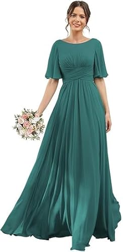 JIIL Brautjungfernkleider Grün,Damen Brautjungfernkleider Lang Chiffon Flutter Sleeve Abendkleid A-Line Hochzeit Festlich Ballkleider Partykleid Mit Taschen Pfau 38 von JIIL