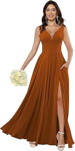 JIIL Brautjungfernkleider Grün,Damen Brautjungfernkleider Lang Elegante Chiffon Abendkleider V-Ausschnitt Abiballkleider Formelle Sommer Kleider Für Hochzeit Verbrannte Orange 40 von JIIL