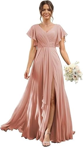 JIIL Brautjungfernkleider Grün,Damen Brautjungfernkleider Lang V-Ausschnitt Kurzarm Chiffon Abendkleider Elegant Für Hochzeit A Linie Kleid Mit Schlitz Staubige Rose 46 von JIIL