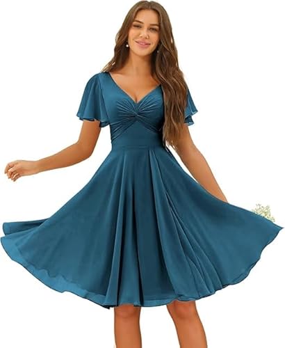 JIIL Brautjungfernkleider Grün Lang Damen Chiffon Knielang Brautjungfernkleider V-Ausschnitt Formal Hochzeit A-Linie Abendkleid Mit Taschen Blaublau 36 von JIIL