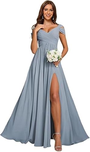 JIIL Brautjungfernkleider Lang,Damen Off Shoulder Chiffon Brautjungfernkleider Lang - Formeller A-Linie V-Ausschnitt Lang Abendkleider Elegant Hochzeit Schlitz Staubig Blau 36 von JIIL