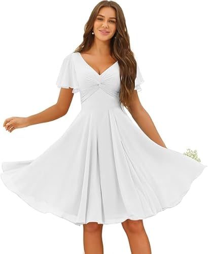 JIIL Brautjungfernkleider Lang Altrosa Winter Damen Chiffon Knielang Brautjungfernkleider V-Ausschnitt Formal Hochzeit A-Linie Abendkleid Mit Taschen Weiß 46 JIIL Brautjungfernkleider Lang Altrosa Winter Damen Chiffon Knielang Brautjungfernkleider V-Ausschnitt Formal Hochzeit A-Linie Abendkleid Mit Taschen Weiß 46 von JIIL