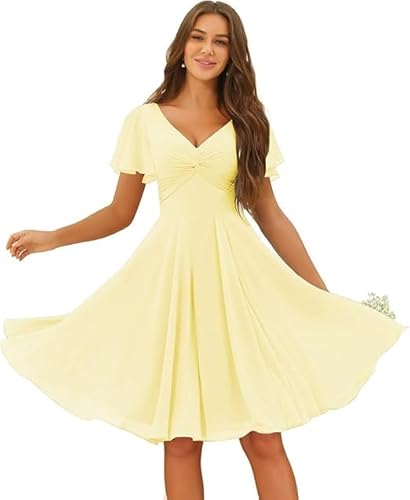 JIIL Brautjungfernkleider Lang Damen Chiffon Knielang Brautjungfernkleider V-Ausschnitt Formal Hochzeit A-Linie Abendkleid Mit Taschen Hellgelb 42 von JIIL