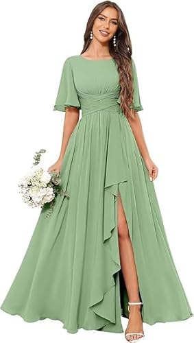 JIIL Brautjungfernkleider Lang Damen Elegante Brautjungfernkleid Chiffon Plissiert Hohe Taille Schlitz Lang Ärmel Formelles Abendkleid Salbei Grün C 50 JIIL Brautjungfernkleider Lang Damen Elegante Brautjungfernkleid Chiffon Plissiert Hohe Taille Schlitz Lang Ärmel Formelles Abendkleid Salbei Grün C 50 von JIIL