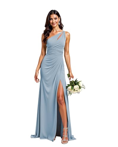 JIIL Brautjungfernkleider Lang Damen Lang A-Linie Abendkleid Chiffon Eins Schulter Elegant Brautjungfernkleider Moody Blue 34 von JIIL