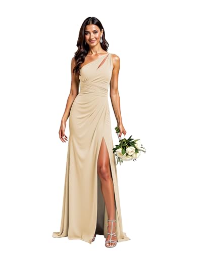 JIIL Brautjungfernkleider Lang Damen Lang A-Linie Abendkleid Chiffon Eins Schulter Elegant Brautjungfernkleider Sekt 34 von JIIL