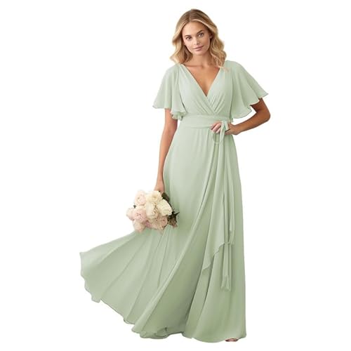 JIIL Brautjungfernkleider Lang V-Ausschnitt Chiffon - Abendkleid Rüschenärmel Elegant Hochzeitsgast Kleid für Frauen Hell-Salbei-A 48 von JIIL