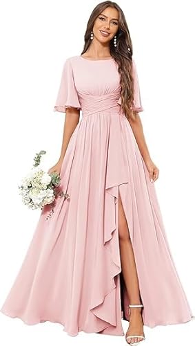 JIIL Brautjungfernkleider Langarm Große Größe Damen Elegante Brautjungfernkleid Chiffon Plissiert Hohe Taille Schlitz Lang Ärmel Formelles Abendkleid Erröten Rosa 42 JIIL Brautjungfernkleider Langarm Große Größe Damen Elegante Brautjungfernkleid Chiffon Plissiert Hohe Taille Schlitz Lang Ärmel Formelles Abendkleid Erröten Rosa 42 von JIIL