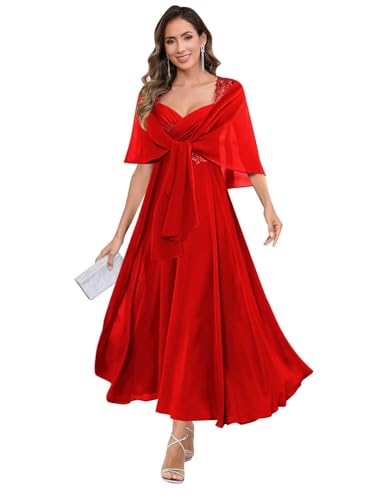 JIIL Brautkleider Grosse Grössen,Damen Brautmutterkleider Lang Mit Schal 2 Teilig Große Größen - Elegant Chiffon Spitzenapplikationen Abendkleider Rot 46 von JIIL