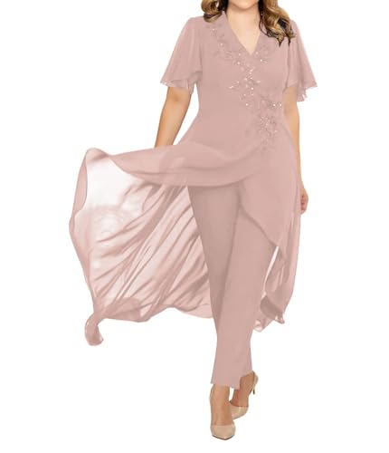 JIIL Brautmutter Hosenanzug 2 Teilig Chiffon Formall Hochzeitsgast Kleid mit Ärmel Übergröße Altrosa 52 von JIIL