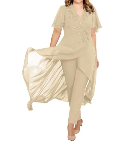 JIIL Brautmutter Hosenanzug 2 Teilig Chiffon Formall Hochzeitsgast Kleid mit Ärmel Übergröße Champagner 42 von JIIL