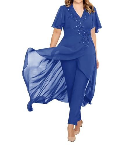 JIIL Brautmutter Hosenanzug 2 Teilig Chiffon Formall Hochzeitsgast Kleid mit Ärmel Übergröße Dunkel-blau 56 von JIIL