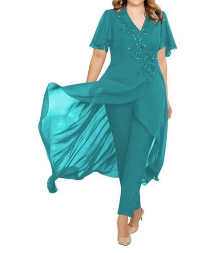 JIIL Brautmutter Hosenanzug 2 Teilig Chiffon Formall Hochzeitsgast Kleid mit Ärmel Übergröße Dunkel-türkis 42 von JIIL