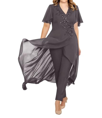 JIIL Brautmutter Hosenanzug 2 Teilig Chiffon Formall Hochzeitsgast Kleid mit Ärmel Übergröße Grau 52 von JIIL
