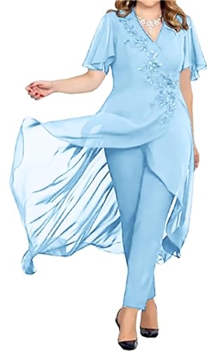 JIIL Brautmutter Hosenanzug 2 Teilig Chiffon Formall Hochzeitsgast Kleid mit Ärmel Übergröße Himmelblau 42 von JIIL