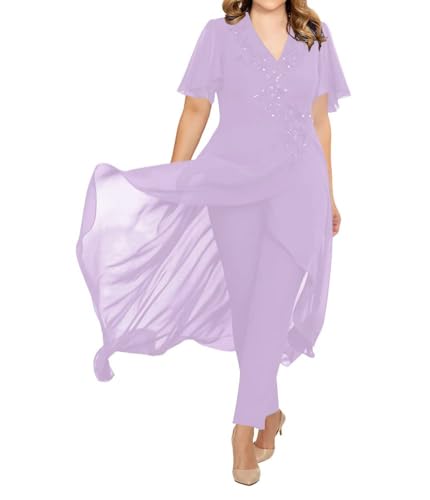 JIIL Brautmutter Hosenanzug 2 Teilig Chiffon Formall Hochzeitsgast Kleid mit Ärmel Übergröße Lila 42 von JIIL