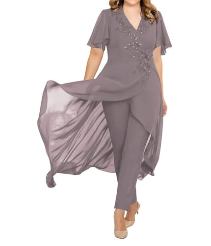 JIIL Brautmutter Hosenanzug 2 Teilig Chiffon Formall Hochzeitsgast Kleid mit Ärmel Übergröße Mauve 38 von JIIL