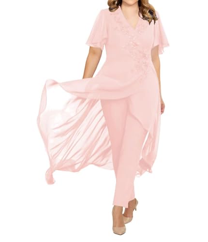 JIIL Brautmutter Hosenanzug 2 Teilig Chiffon Formall Hochzeitsgast Kleid mit Ärmel Übergröße Rosa 52 von JIIL