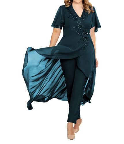 JIIL Brautmutter Hosenanzug 2 Teilig Chiffon Formall Hochzeitsgast Kleid mit Ärmel Übergröße Tintenblau 52 von JIIL
