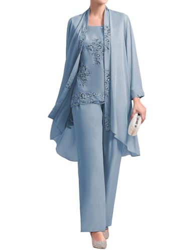 JIIL Brautmutter Hosenanzug mit Ärmel Lang Spitze Formell Abendanzug mit Bolero Grau blau 50 von JIIL