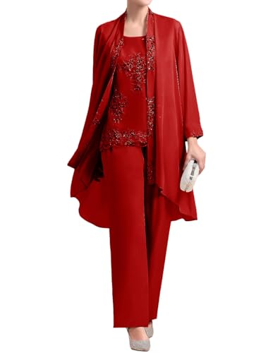 JIIL Brautmutter Hosenanzug mit Ärmel Lang Spitze Formell Abendanzug mit Bolero Rot 50 von JIIL