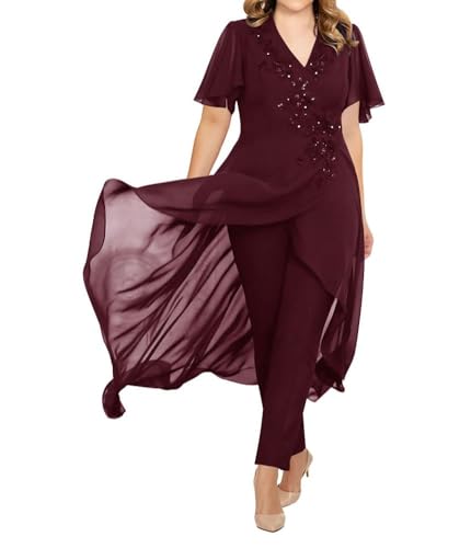 JIIL Brautmutter Kleid Set Chiffon 2 Teilig Hosenanzug Festliche Hochzeit Gast Hosen Set Dunkel-rot-A 44 von JIIL