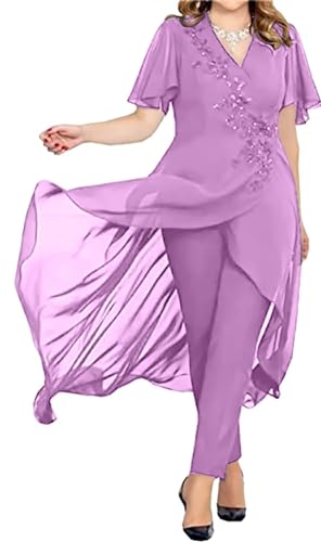 JIIL Brautmutter Kleid Set Chiffon 2 Teilig Hosenanzug Festliche Hochzeit Gast Hosen Set Flieder 54 von JIIL