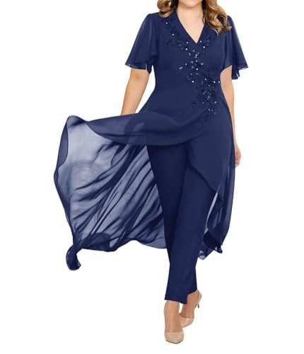 JIIL Brautmutter Kleid Set Chiffon 2 Teilig Hosenanzug Festliche Hochzeit Gast Hosen Set Hell-Navyblau 54 von JIIL