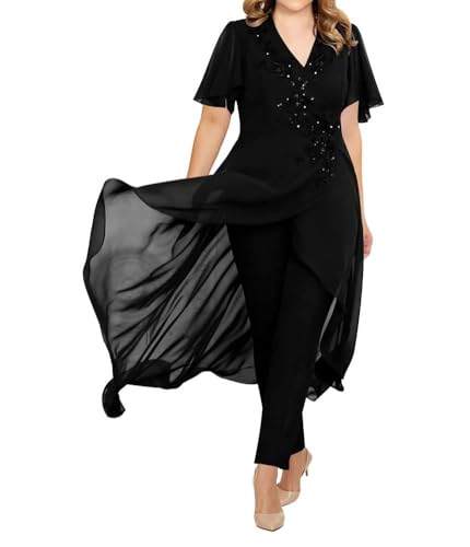 JIIL Brautmutter Kleid Set Chiffon 2 Teilig Hosenanzug Festliche Hochzeit Gast Hosen Set Schwarz 54 von JIIL