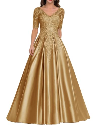 JIIL Brautmutter Kleid mit Ärmel - Satin Lang Elegant Abendkleid für Frauen Übergröße Hochzeitskleid Spitze Applikationen Gold 42 von JIIL