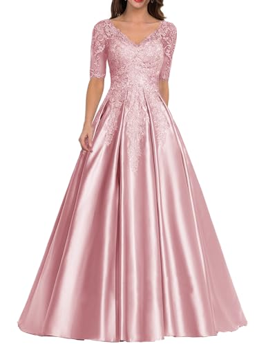 JIIL Brautmutter Kleid mit Ärmel - Satin Lang Elegant Abendkleid für Frauen Übergröße Hochzeitskleid Spitze Applikationen Rosa 38 von JIIL