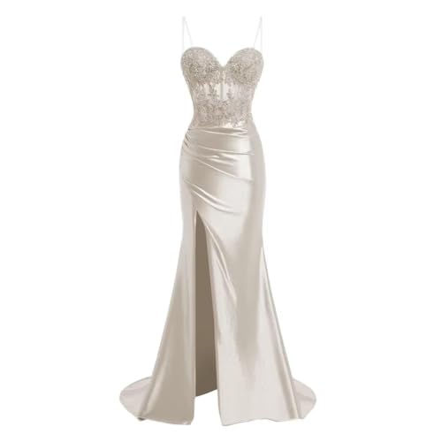 JIIL Damen Meerjungfrau Satin Abendkleider Lang - Spaghettiträger Brautjungfernkleider Spitze Ballkleider mit Schlitz Weiß 42 von JIIL