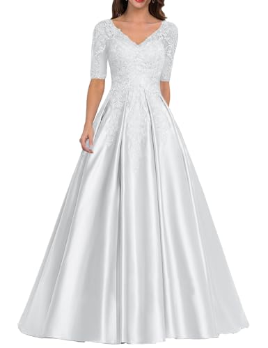 JIIL Brautmutter Kleid mit Ärmel - Satin Lang Elegant Abendkleid für Frauen Übergröße Hochzeitskleid Spitze Applikationen Weiß 56 von JIIL