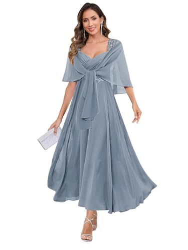 JIIL Brautmutterkleid,Damen Brautmutterkleider Lang Mit Schal 2 Teilig Große Größen - Elegant Chiffon Spitzenapplikationen Abendkleider Staubig Blau 54 von JIIL
