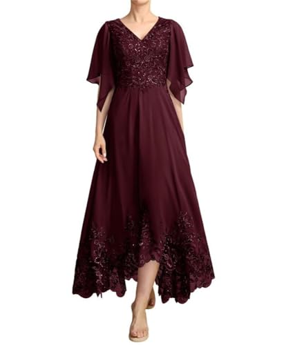 JIIL Brautmutterkleid Chiffon Lang A-Linie - Hochzeit Partykleid für Frauen Große Größen Festkleid Dunkel-rot 42 von JIIL