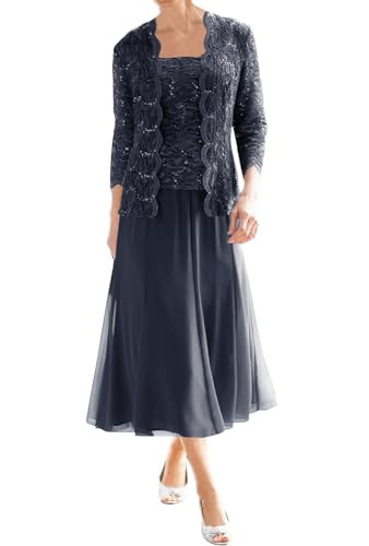 JIIL Brautmutterkleid Lang mit Ärmel - 2 Teilig Chiffon Abendkleid Festliche Ballkleid Wadenlang Navy blau 42 von JIIL