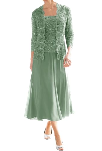 JIIL Brautmutterkleid Lang mit Ärmel - 2 Teilig Chiffon Abendkleid Festliche Ballkleid Wadenlang Salbeigrün 42 von JIIL