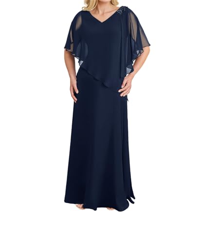 JIIL Brautmutterkleid für Hochzeit Lang Chiffon Elegant Hochzeitsgast Kleid mit Ärmel Abendkleider Navy blau 44 von JIIL