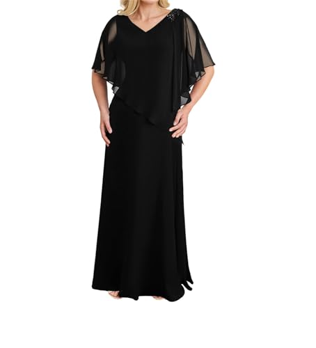 JIIL Brautmutterkleid für Hochzeit Lang Chiffon Elegant Hochzeitsgast Kleid mit Ärmel Abendkleider Schwarz 54 von JIIL