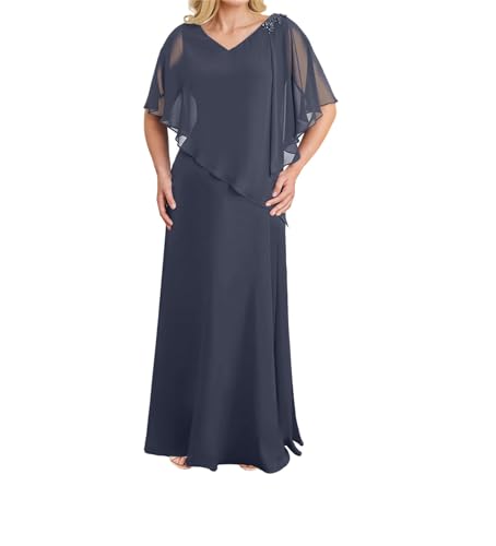 JIIL Brautmutterkleid für Hochzeit Lang Chiffon Elegant Hochzeitsgast Kleid mit Ärmel Abendkleider Stürmisch blau 44 von JIIL