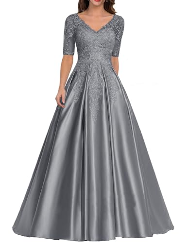 JIIL Brautmutterkleid mit Ärmel Spitze - Lang Elegant Abendkleid für Hochzeit Damen Satin A-Linie Festkleid Grau 46 von JIIL