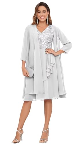 JIIL Brautmutterkleider,Damen Brautmutterkleider Knielang Mit Jacke Zweiteilig Hochzeit Lang Abendkleider Spitze Chiffon Festliche Damenkleider Weiß 42 von JIIL