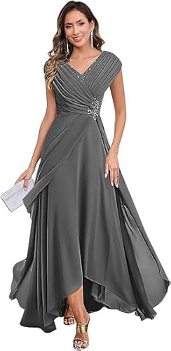 JIIL Brautmutterkleider,Damen Chiffon Brautmutterkleider Lang V-Ausschnitt Ärmelloses Glitzer Abendkleider A-Linie Festliche Kleider Grau 40 von JIIL