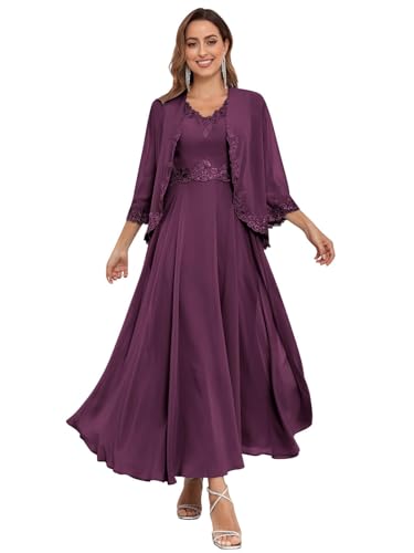 JIIL Brautmutterkleider,Damen Lang Brautmutterkleider Jacke Zweiteilig Hochzeit Elegant Abendkleider Spitzen Chiffon Pailletten Kleid Salbei Grün C 46 von JIIL