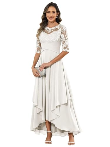 JIIL Brautmutterkleider Für Hochzeit,Damen Abendkleid Lang - Elegant Spitzen Brautmutterkleid Chiffon Formales Kleider Halbärmel Festliche Für Hochzeit Elfenbein 50 von JIIL